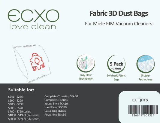 5 x 3D Synthetic FJM Type Miele Vacuum Cleaner Bags + 2 Filters