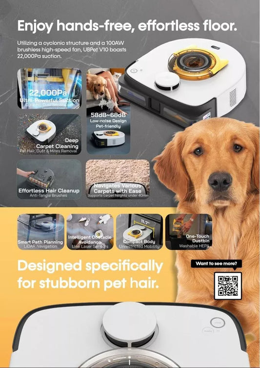 UBPET V10 22000 Pa Cyclone Robot Vacuum Cleaner, Designed for Pet Hair