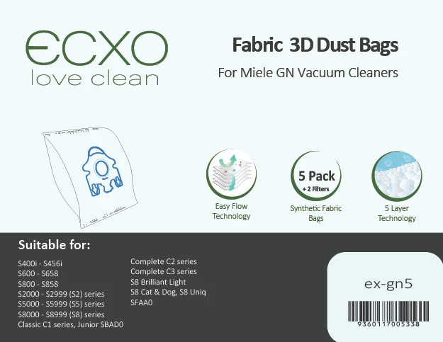 5 x 3D Synthetic GN Type  Miele Vacuum Cleaner Bags + 2 Filters
