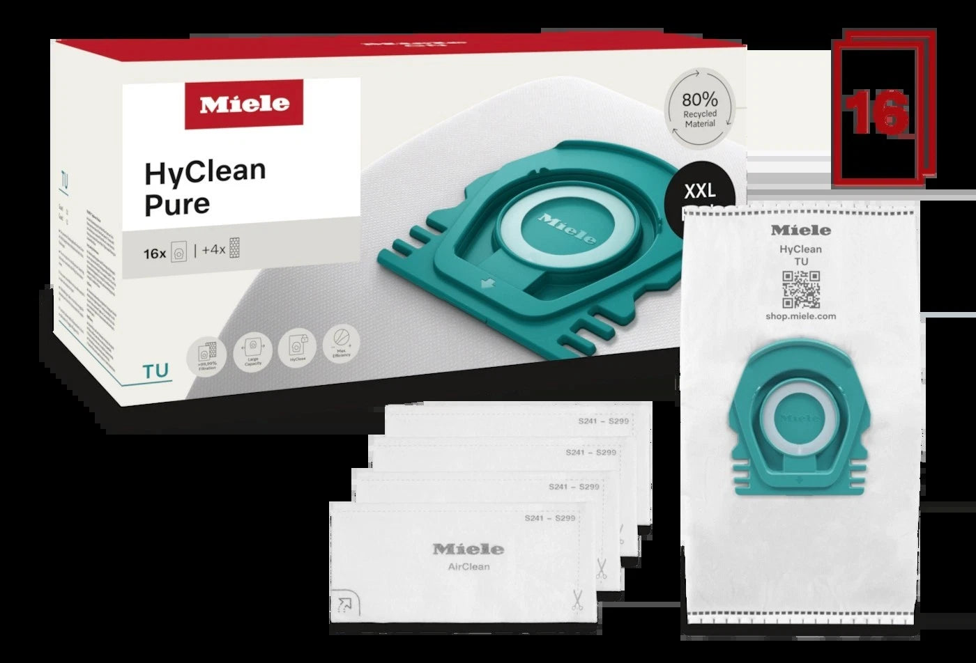 Genuine Miele TU HyClean Pure bags Guard S1 and L1 Vacuum Cleaners XXL 16 bags 4 filters